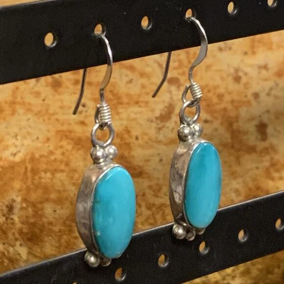 Vintage Sterling Silver and Turquoise Oval Shape Dangle Earrings - Picture 4 of 7